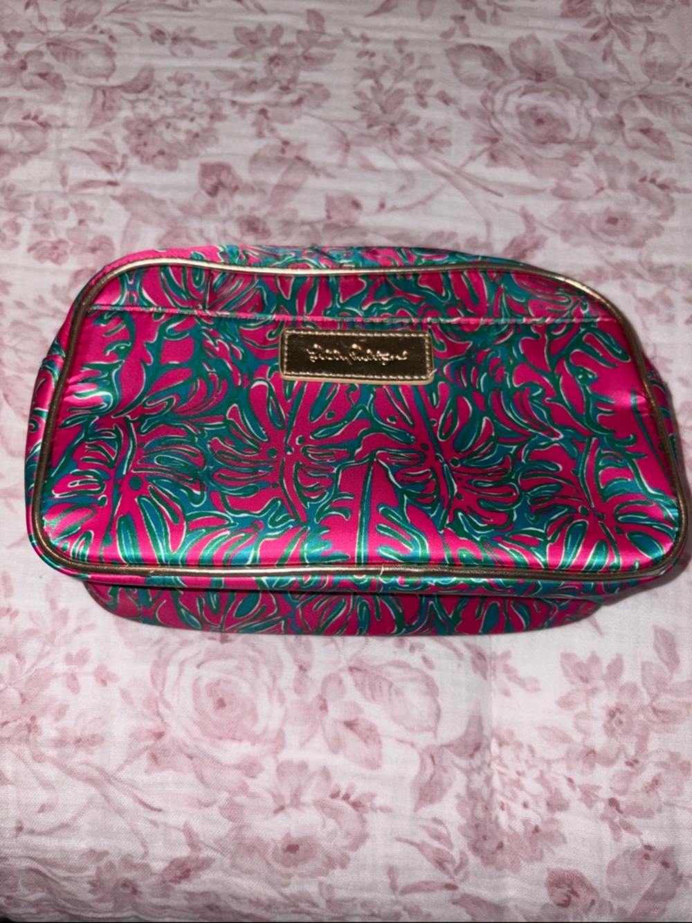 Lilly Pulitzer Pink and Teal Leaf Print Cosmetic Pouch